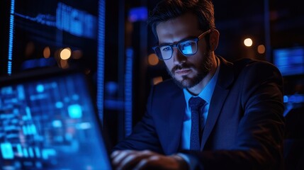 Focused business professional at night