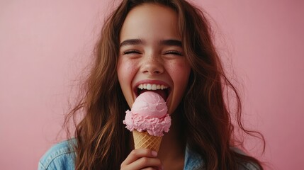 Happy woman joyfully eating pink ice cream cone against pink background