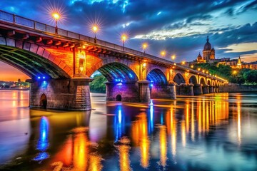 Fototapeta premium Majestic Chhatrapati Shivaji Bridge, Pune, glows under the night sky. A 1924 architectural marvel, a Maharashtra legacy.