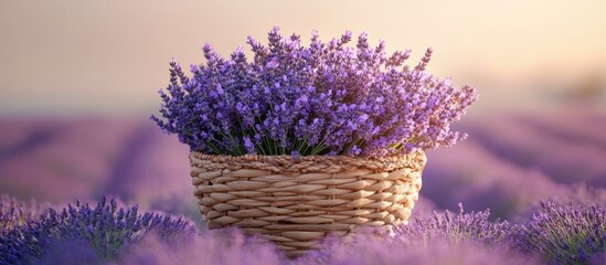 Lavender blossoms in a woven basket, set against a field of purple flowers, bathed in soft sunlight