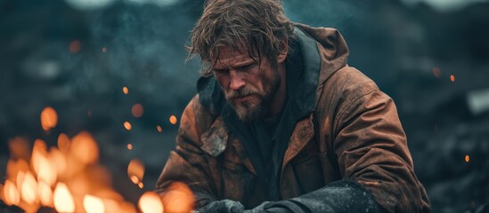 Man by Fire, Wilderness, Solitude, Reflection, Stock