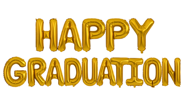 Happy Graduation with golden balloon words  isolated on transparent background. Celebrate a educational milestone!