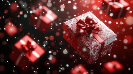 Red gifts with bows float in snowy, dark backdrop