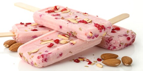 Delicious rose-flavored kulfi ice cream bars with almond bits, shown in a rich and detailed close-up shot. White background