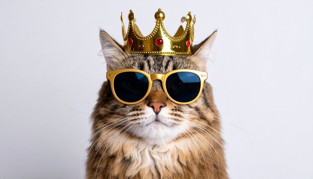 Funny tabby cat with crown and yellow glasses for International Cat Day.