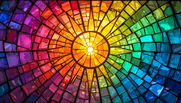 Radiant stained glass artwork displaying a vibrant rainbow spectrum and geometric patterns emanating from a central point of brilliant light.