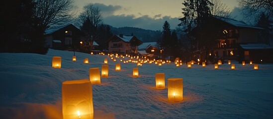 Snowy Village at Night, Lit by Candles