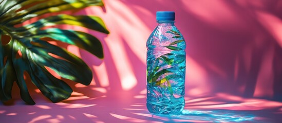 Tropical water bottle pink background