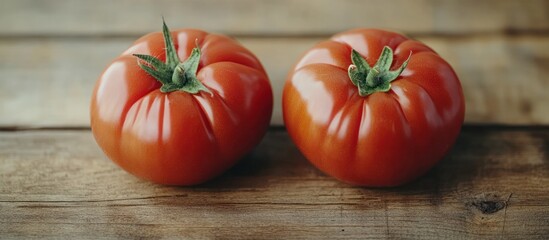 Two ripe, red tomatoes sit on a rustic wooden surface. Their smooth skins gleam, and their green caps are still attached.  The scene is simple, yet evocative of freshness and natural goodness