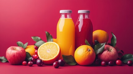 Vibrant fruit juices in bottles