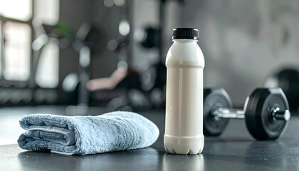 Protein Shake Bottle with Towel and Dumbbells in Intense Gym Setting with Hard Lighting