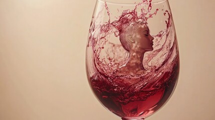 Wine glass with splash, woman profile, abstract art, studio shot