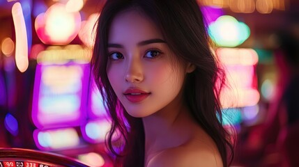 Woman, casino, night, lights, glamour, portrait, gambling, entertainment