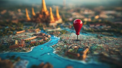 Red Pin Marks Bangkok, Thailand on Stylized City Map with Chao Phraya River View