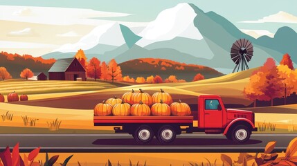 Autumn harvest scene with a truck carrying pumpkins