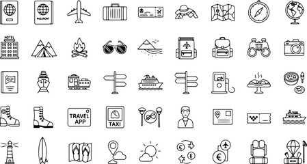A comprehensive collection of hand drawn outline icons representing various travel and vacation elements for seamless journey planning and exploration adventures