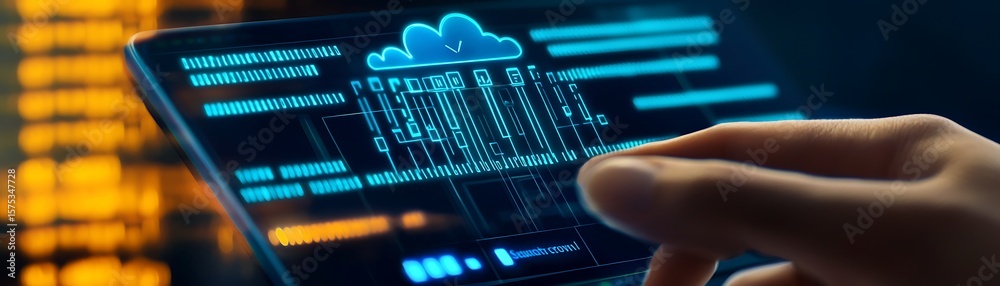 Poster futuristic digital interface with cloud computing visualization and human interaction in a high-tech