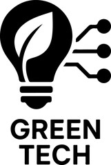 A stylized black icon representing green technology with a leaf inside a lightbulb connected to circuits and the words green tech below