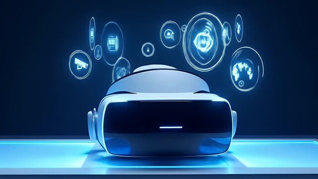 A VR headset placed on a glossy table, with a translucent glowing virtual interface floating above it &mdash; displaying futuristic icons like games, apps, and settings.
