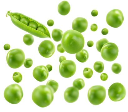 Fresh green peas floating in mid-air isolated on white background for creative food concept image