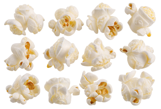 Close up view of fluffy white popcorn kernels isolated on black background for snack presentation