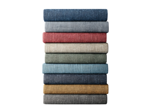 Stack of ten colorful fabric swatches home decor textiles, On Transparent Background, Png