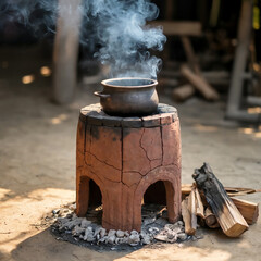Realistic Traditional Clay Stove (Matir Unun) with Cooking Pot