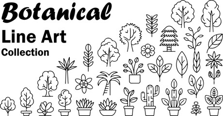 Botanical Line Art Collection of Hand Drawn Trees, Plants, Leaves, Flowers, and Nature Elements – Minimalist Black and White Doodle Sketches for Eco and Garden Designs