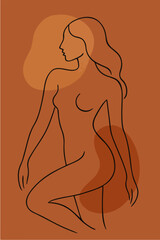 Elegant minimalist line art of a nude woman in profile with flowing hair and abstract shapes in warm earthy tones
