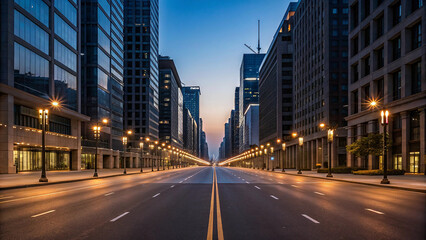 Empty city street lined with modern buildings and streetlights at dusk deserted urban
