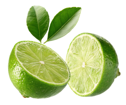 Fresh green lime with vibrant leaves isolated on white background juicy citrus fruit image