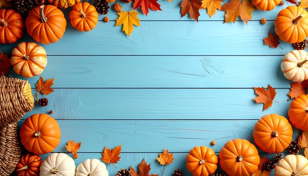 Autumnal gourds and leaves on light blue wood
