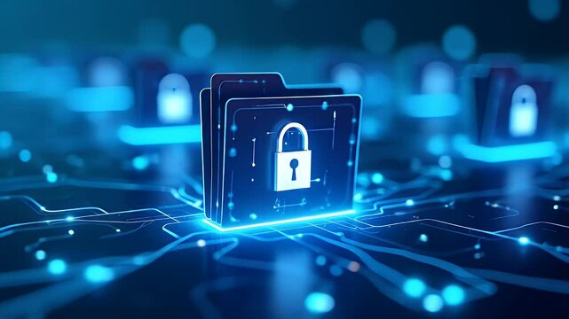 Futuristic 3D render of encrypted file folders with lock icons placed in a glowing circuit grid, symbolizing secure data access and digital privacy protection.
