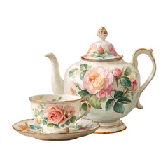 Elegant Floral teapot and cups Set with Roses isolated on transparent white background, clipping path