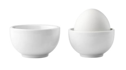Title: Elegant White Egg Cup with Whole Egg Presented Isolated on Bright White Background for Minimal Food Styling and Kitchen Decor Concepts