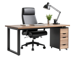 Minimalist modern office desk setup with ergonomic chair and desk lamp — isolated on transparent background PNG