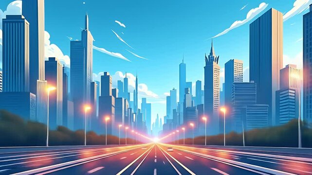 City skyline cartoon background with skyscrapers, street lights, traffic, and moving clouds. Seamless side-scrolling parallax loop for modern urban animation or 2D game scenes.
