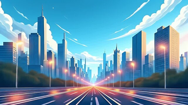 City skyline cartoon background with skyscrapers, street lights, traffic, and moving clouds. Seamless side-scrolling parallax loop for modern urban animation or 2D game scenes.
