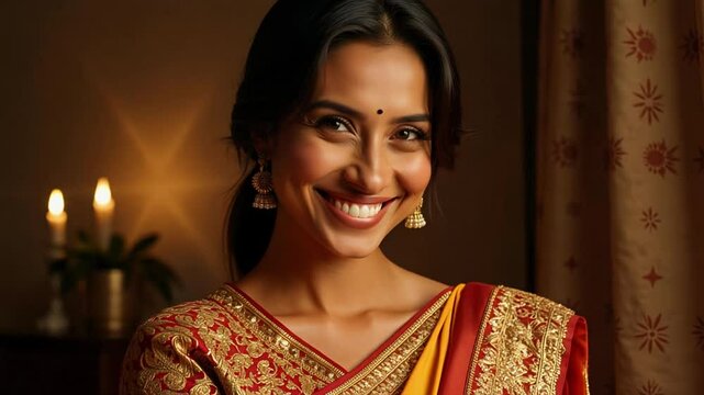 A radiant Indian woman smiles warmly, adorned in a gold-embroidered saree with minimal makeup, captured in stunning 4k resolution footage.