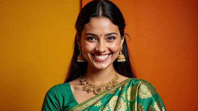 An Indian woman shines in a green Banarasi saree, her bright smile radiating festive cheer against a smooth gradient backdrop in 4k footage.