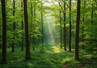 Fototapeta premium 新緑輝く森 道 光差し込む神秘的風景