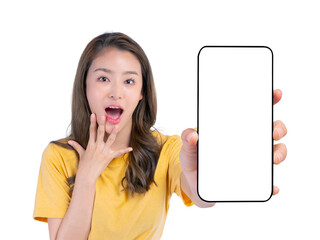 Surprised Asian woman holding and showing blank smartphone screen in hand, amazed facial...