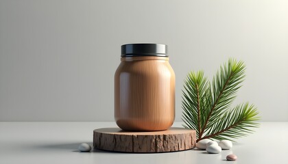 A wooden bottle with a black lid placed on a wooden base next to a small pine branch and small white pebbles