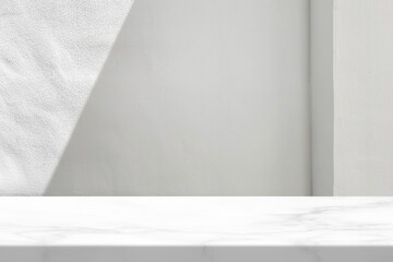 Marble Table with White Stucco Wall Texture Background with Light Beam and Shadow
