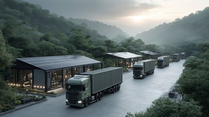 ASEAN Logistics Hub with Cargo Trucks Driving Through Green Mountain Route