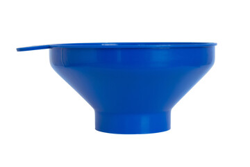 Blue plastic cup funnel isolated on white background. A close-up of a funnel.