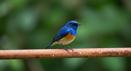 Obraz premium Vibrant blue and orange bird perched on a rusty metal bar with blurred green background