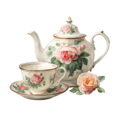 Elegant Floral teapot and cups Set with Roses isolated on transparent white background, clipping path