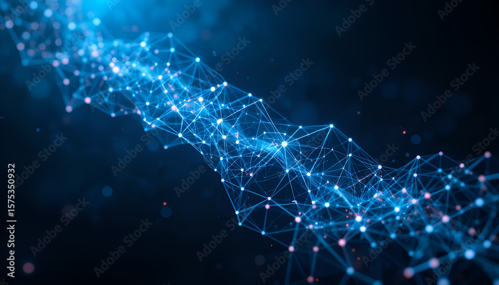 Poster abstract rendering showcasing a dynamic network connection, glowing points, and interconnecting line
