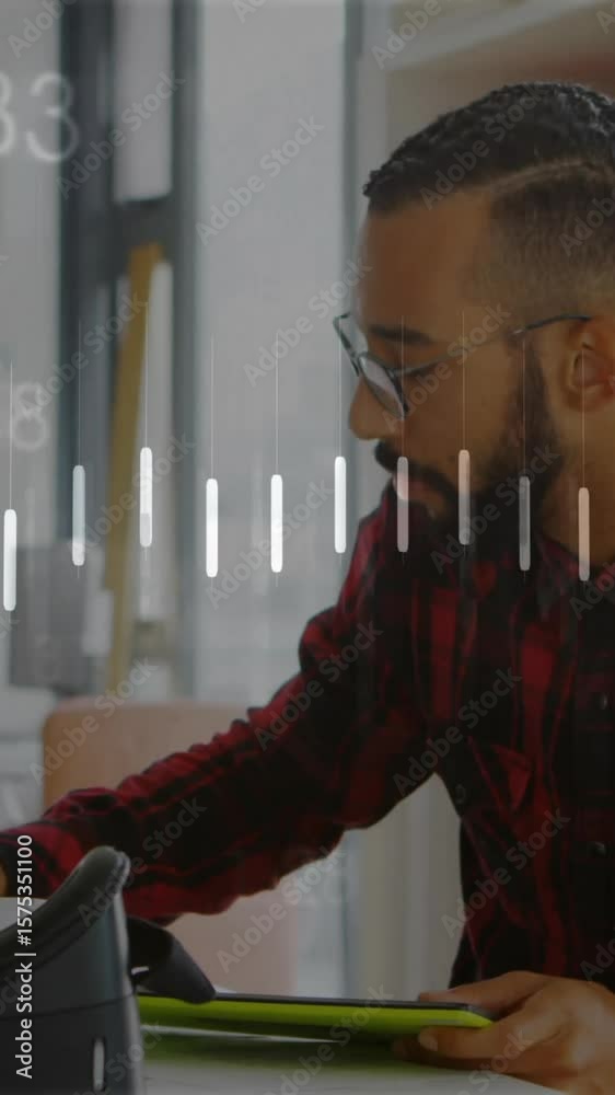 Poster animation of data processing and diagrams over man using tablet